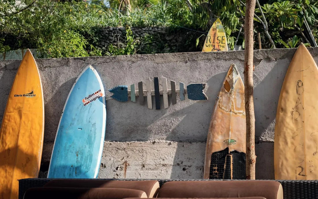 Surfboards standing along a garden wall between swells